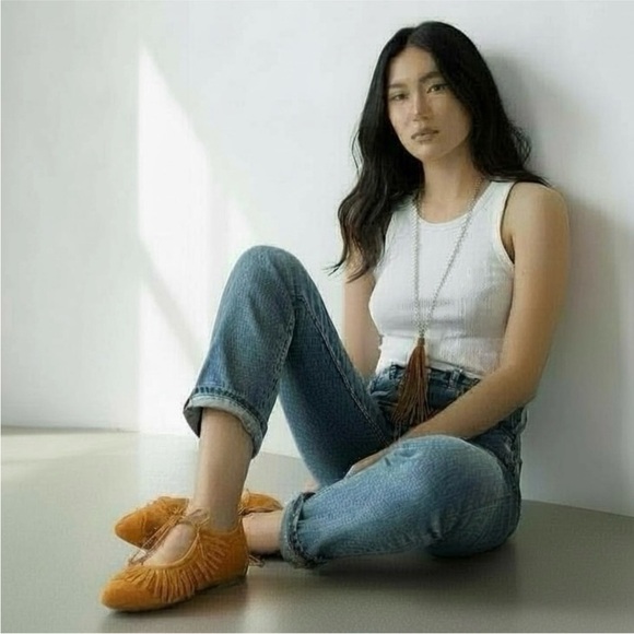 Fringed Orange Faux Suede Pointed Flats - Picture 2 of 7